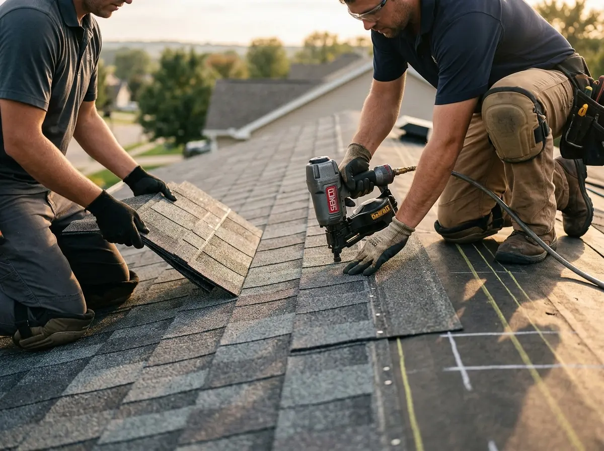 Professional roofer working on a residential roof in Millbury